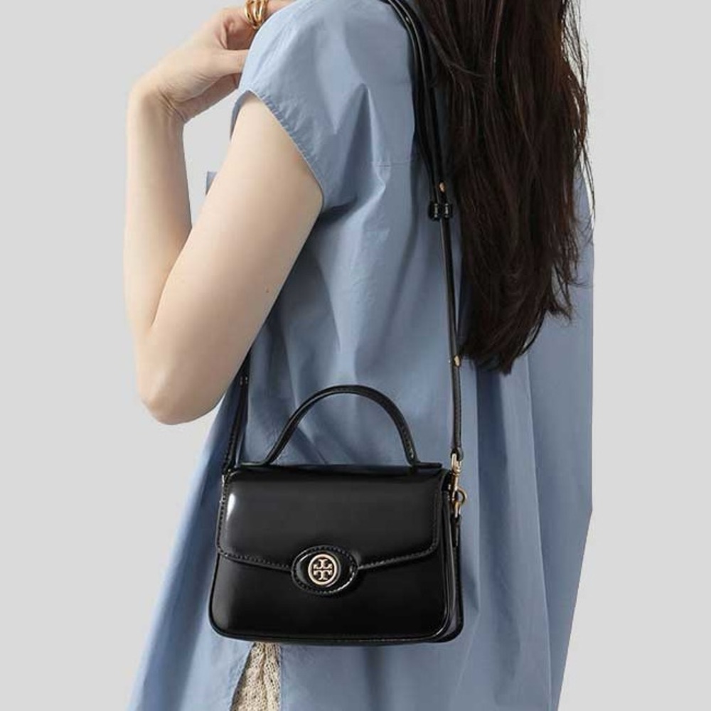 Tory Burch Small Robinson Spazzolato Top Handle Bag in Black Patent